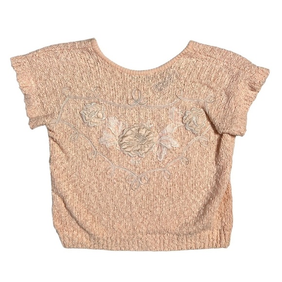 Vintage Yarn Works Pastel Peach Yarn Works Short Sleeve Floral Detailed Sweater - Picture 3 of 14
